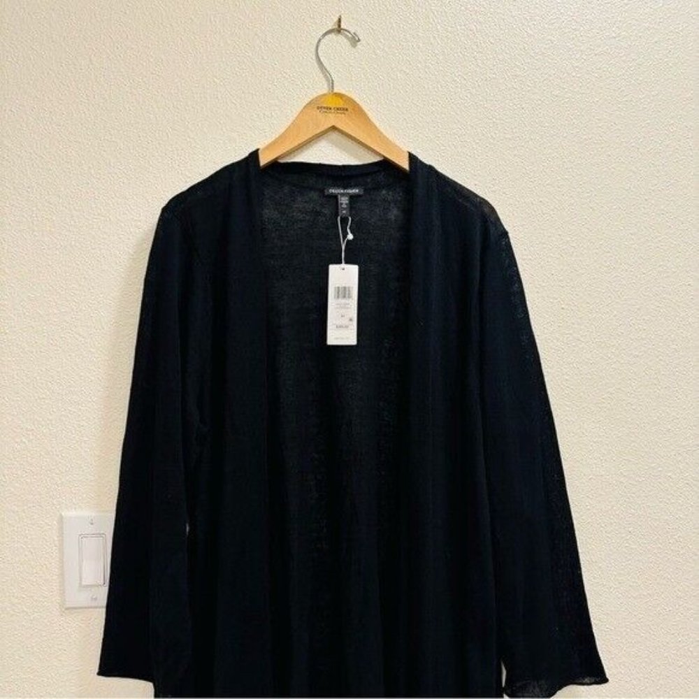 Eileen Fisher Organic Linen Cotton Jersey Long Cardigan Black Women’s Size 2X - Picture 4 of 10